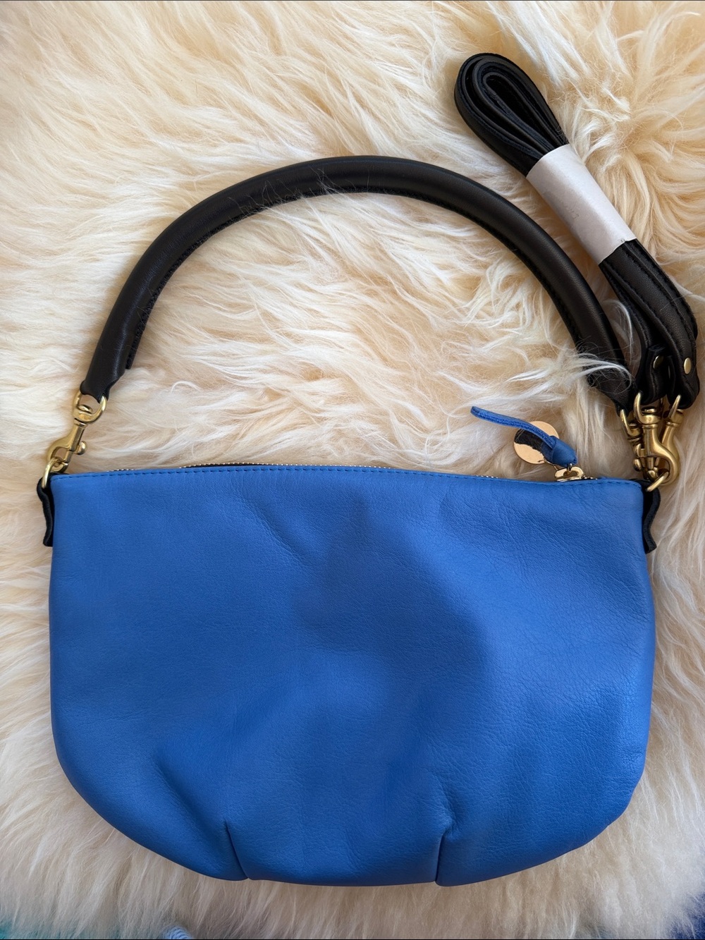 Clare V Petit Moyer in Cornflower Blue Leather Crossbody Bag with two straps